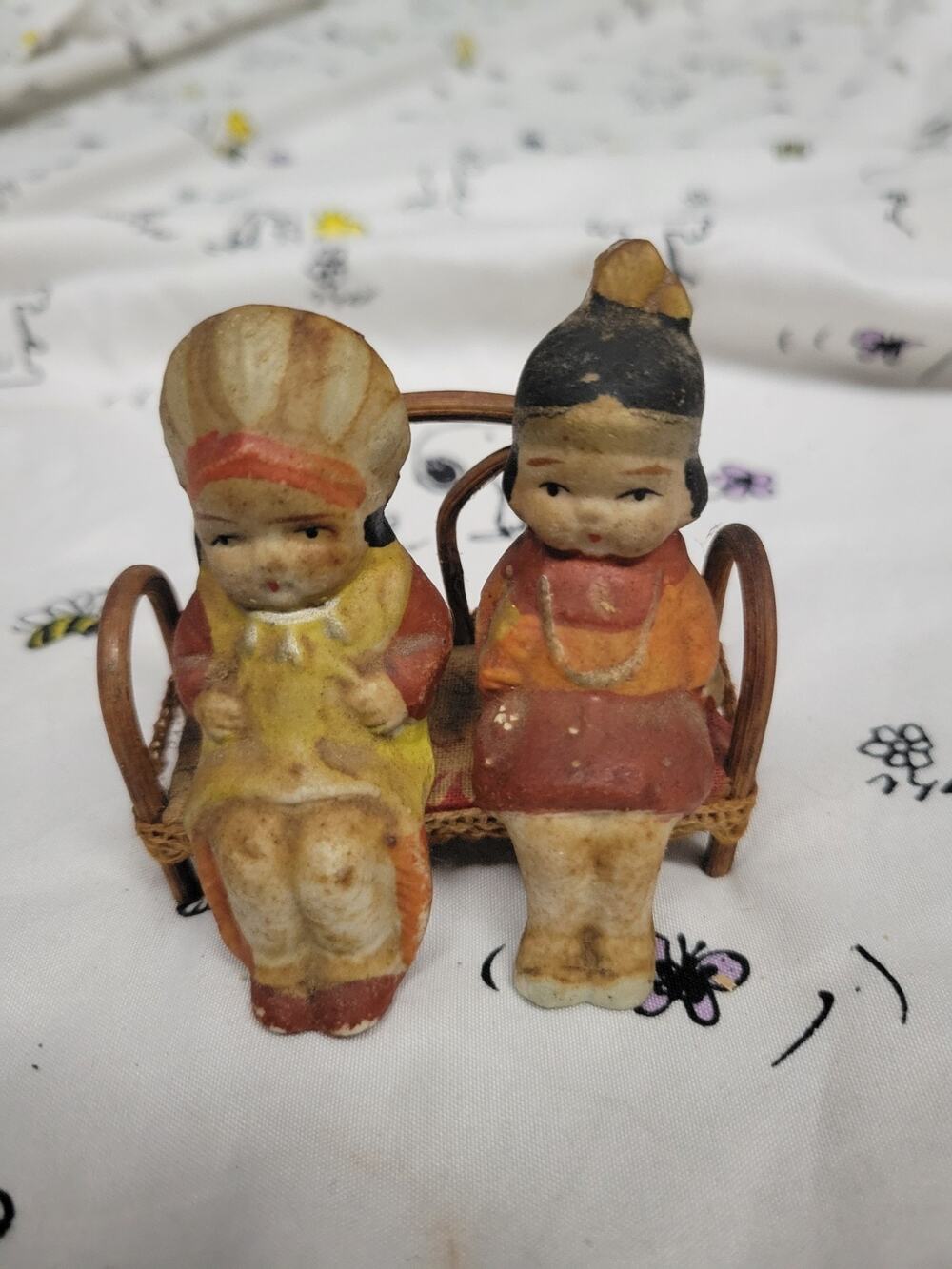 Vintage Bisque Sitting Dolls With Bench Native Americans Indian ?